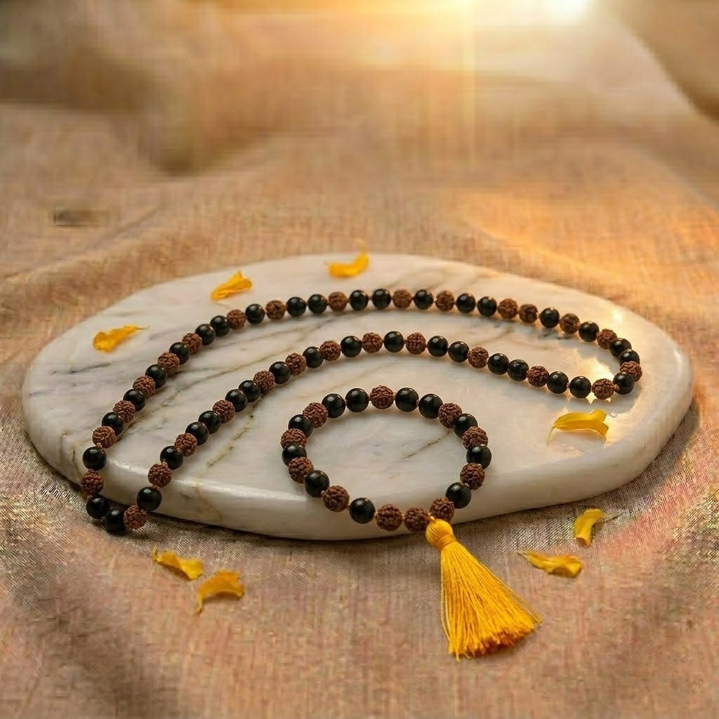 Divya Raksha Combo: 8mm Authentic Rudraksha & Karungali Mala (108+1 Beads)