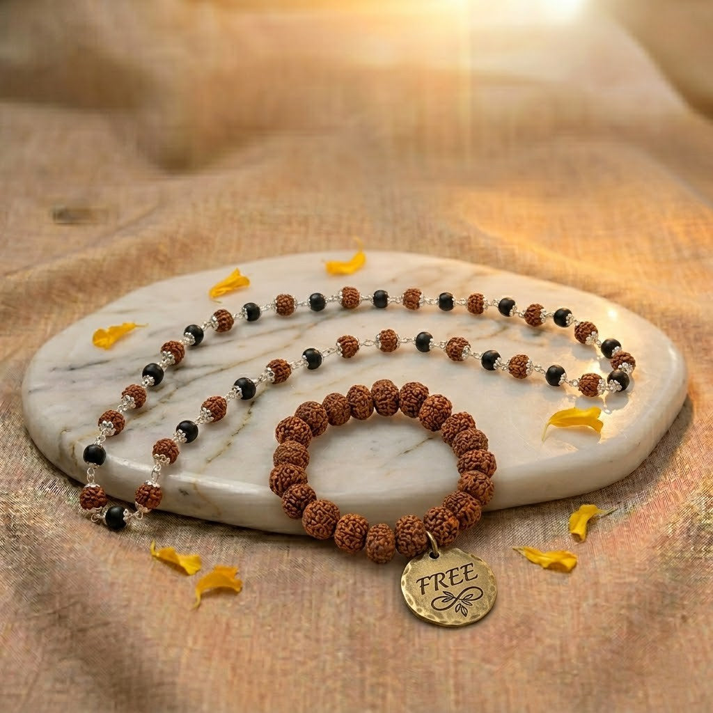 The Divya Raksha Set: Original Ebony & Rudraksha Mala + FREE 7 Mukhi Mahalaxmi Bracelet