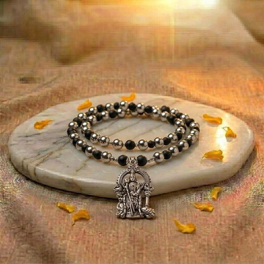 The Victory Shield: Premium Karungali Wood Mala with Divine Murugan Vel