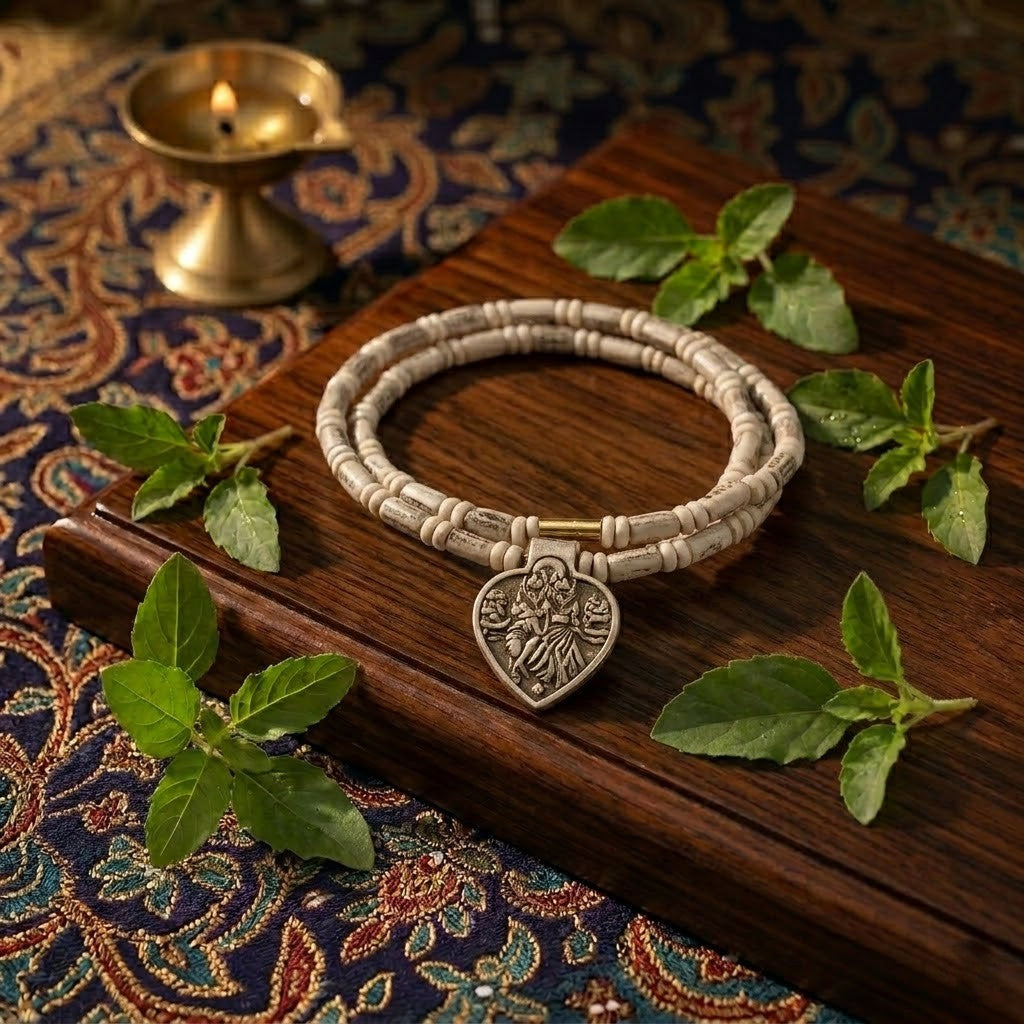 Divine Love Original Tulsi Mala with Radha Krishna Heart Pendant | Large 10mm Single-Round Beads | Hand-Carved Sacred Wood Necklace for Spiritual Connection & Protection