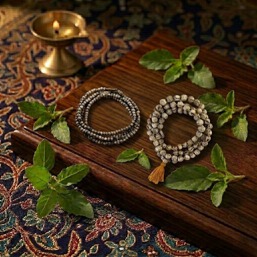 Sacred Tulsi Devotional Combo: Premium 8mm Double-Round Kanthi Mala & Authentic 108+1 Bead Japa Mala (Vrinda Sakhi Edition) | 100% Pure Holy Basil Wood for Meditation & Bhakti