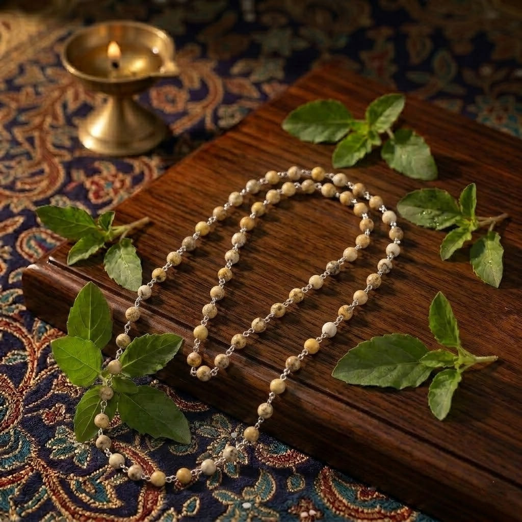 Pure 92.5 Silver Tulsi Mala | Handcrafted Spiritual Necklace for Devotion & Protection