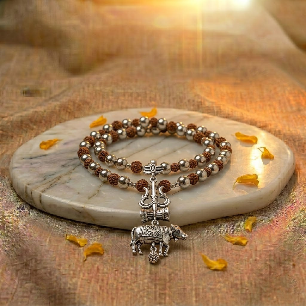 The Shiv Raksha Shield: Authentic Karungali & Rudraksha Mala with Trishul Nandi Pendant