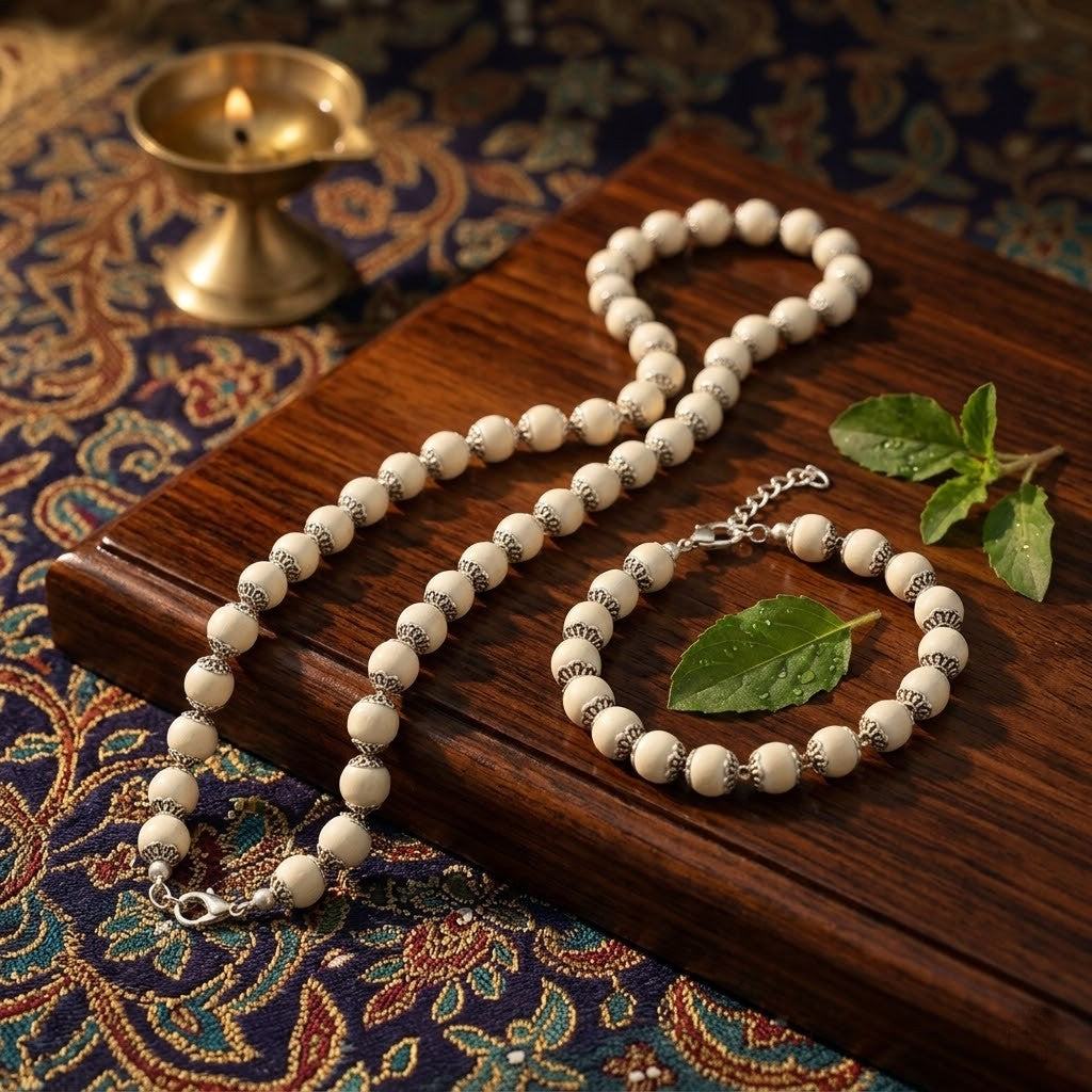 Authentic Silver Plated Tulsi Jewelry Combo: 54-Bead Mala & 17-Bead Bracelet (10mm)