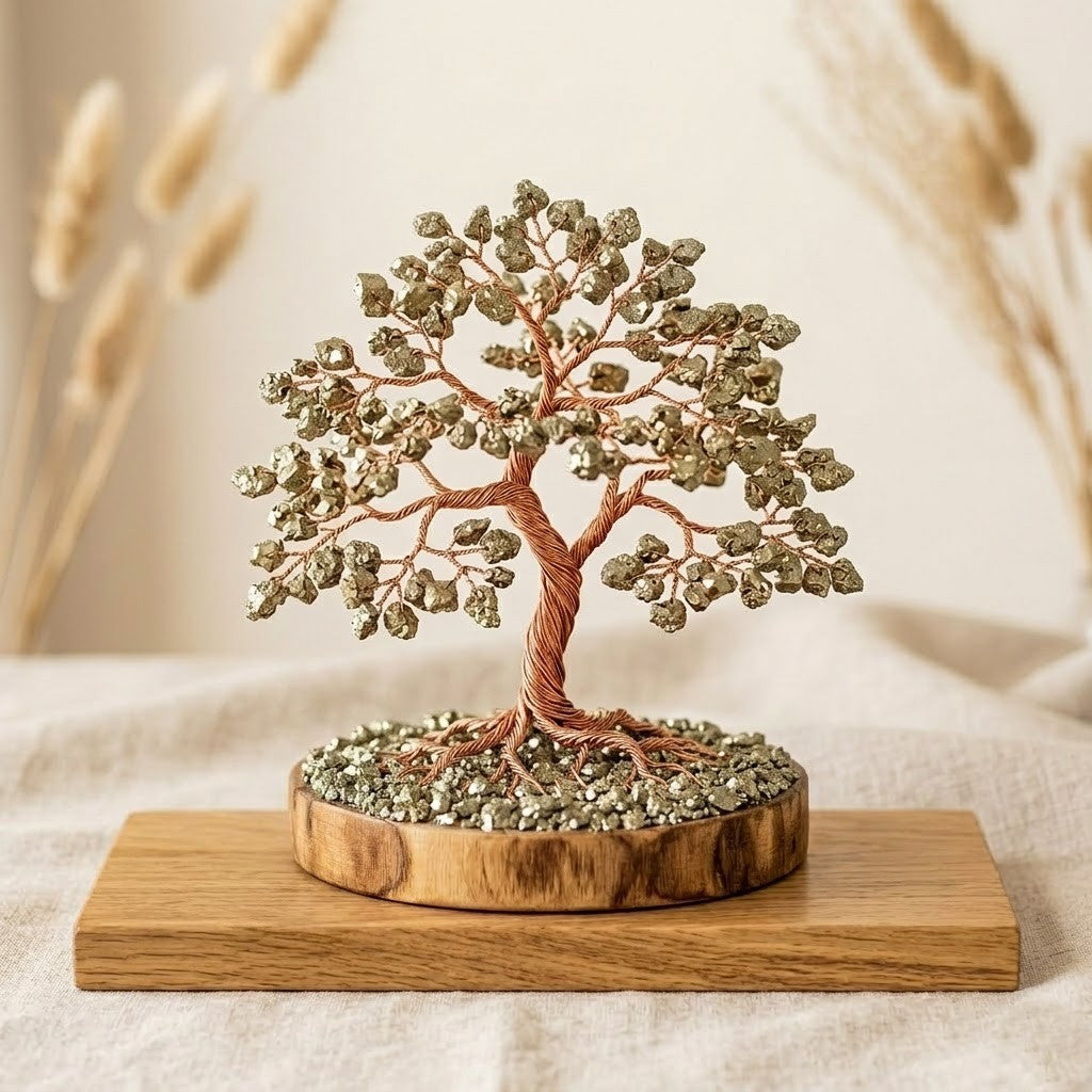 Natural Golden Pyrite Crystal Tree for Wealth & Success | Healing Gemstone Tree on Wooden Base